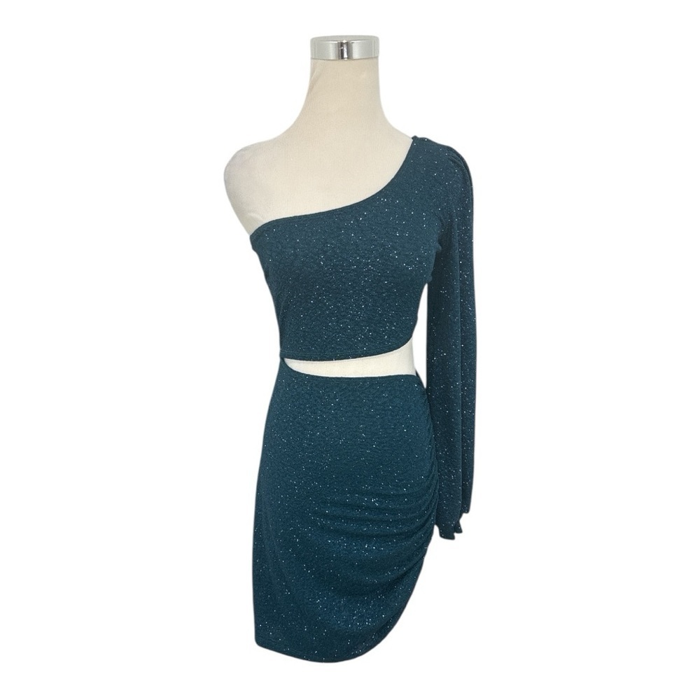 Windsor Steal The Shine Teal Glitter Cutout Mini Dress One Shoulder Size Medium